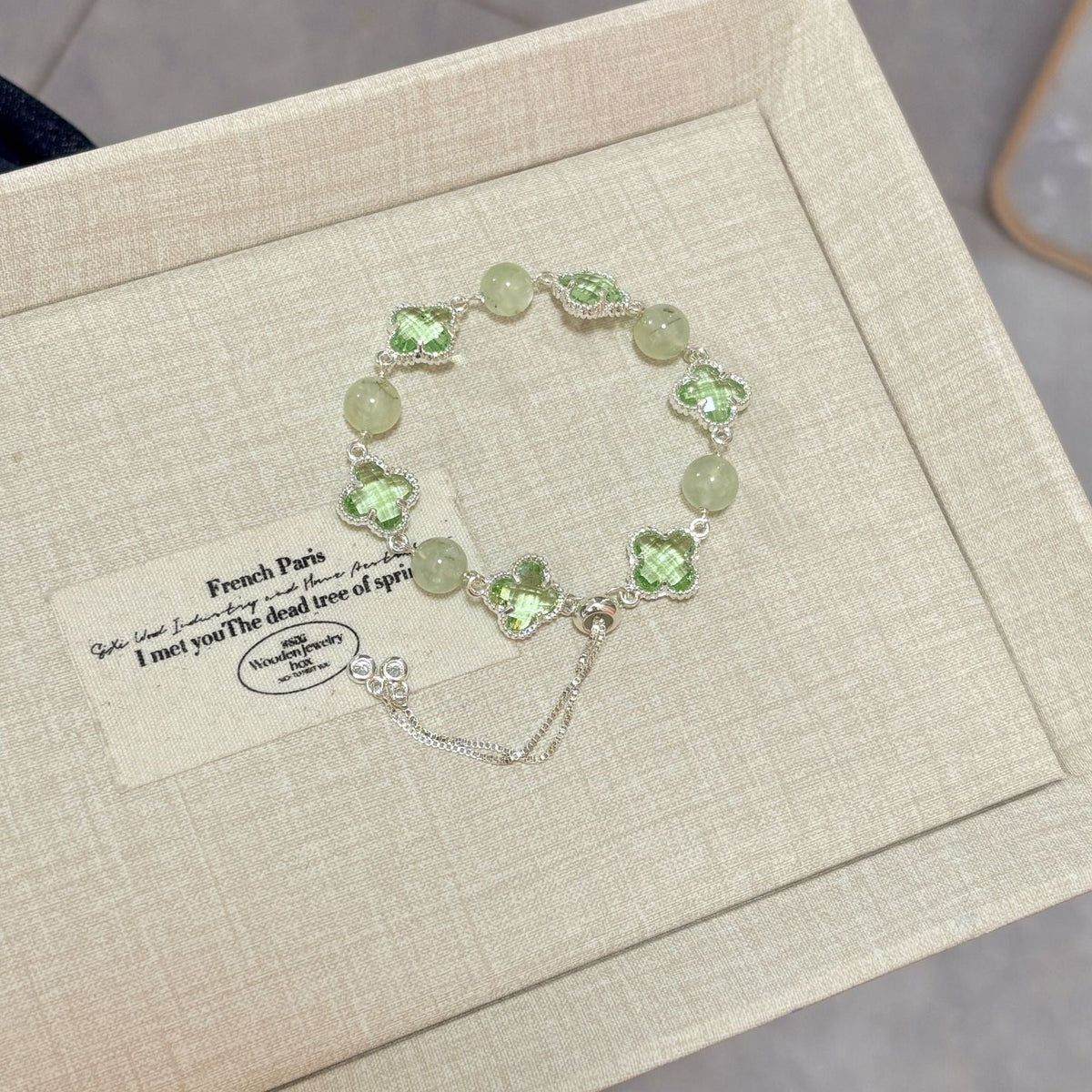 Four-Leaf Clover Crystal Bracelet | 8mm Healing Gemstone | Adjustable