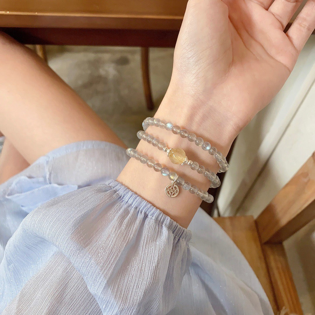 ๐โจ Grey Moonstone & Gold Rutilated Quartz Multi-Wrap Bracelet | Wealth & Blessings