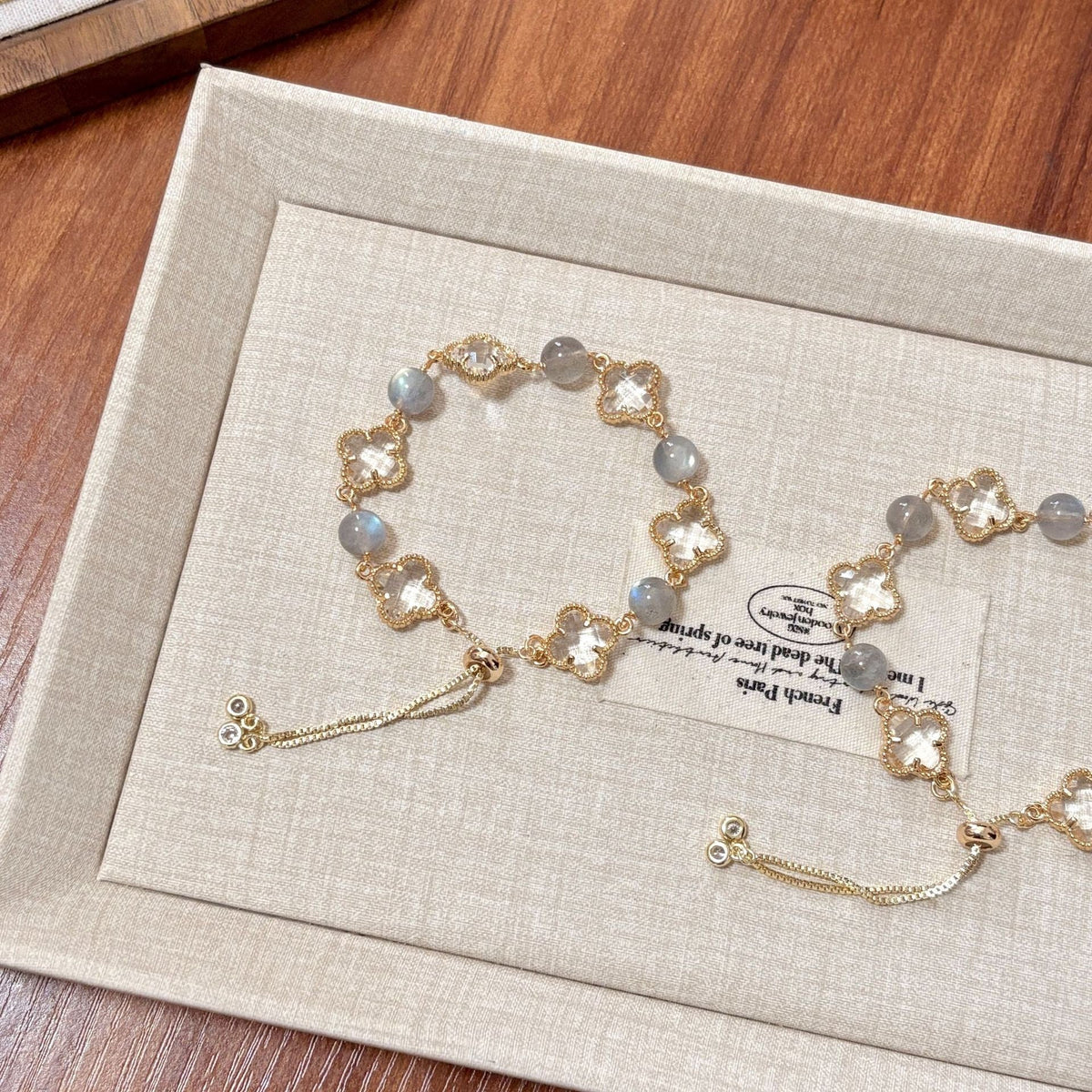 Four-Leaf Clover Crystal Bracelet | 8mm Healing Gemstone | Adjustable