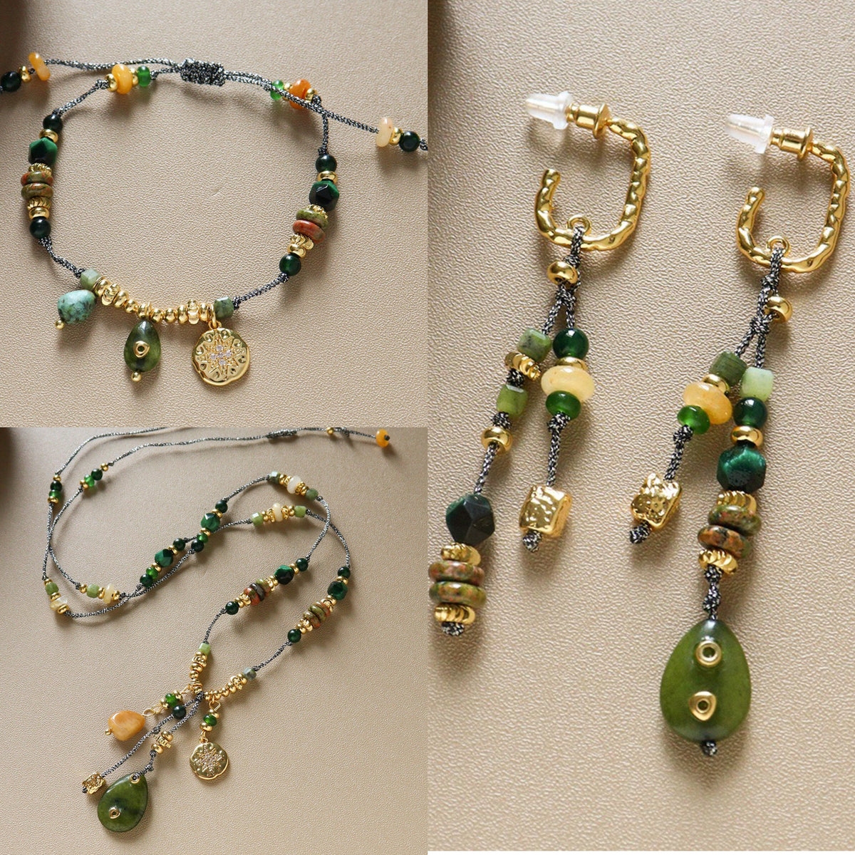 Bohemian Natural Gemstone Charm Jewelry | Handcrafted Beaded Necklace, Cord Bracelet & Drop Earrings