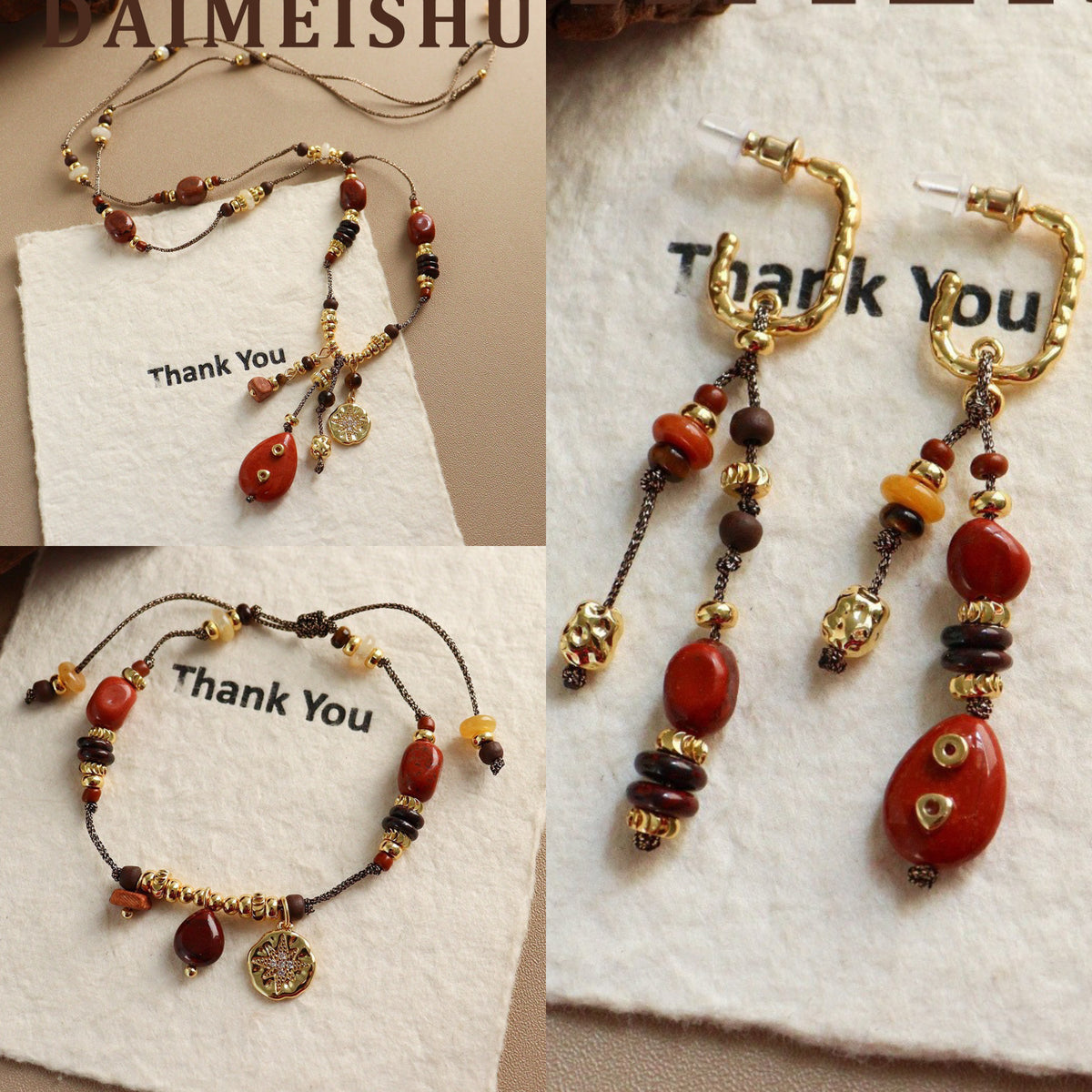 Bohemian Natural Gemstone Charm Jewelry | Handcrafted Beaded Necklace, Cord Bracelet & Drop Earrings