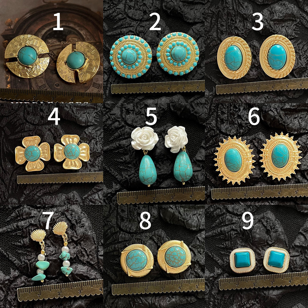 Vintage Turquoise & Antique Gold Earring Collection | French Retro Bohemian Niche Studs & Dangles