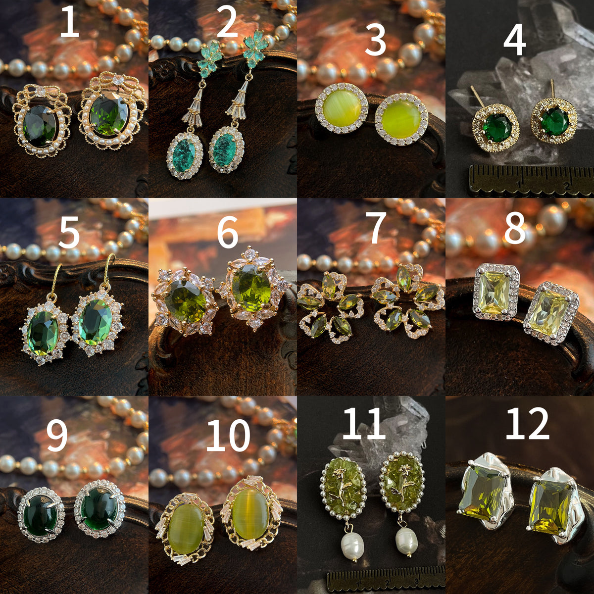 Vintage French Baroque Green Zircon Earring Collection | Palace Retro Emerald & Peridot Crystal Studs & Dangles