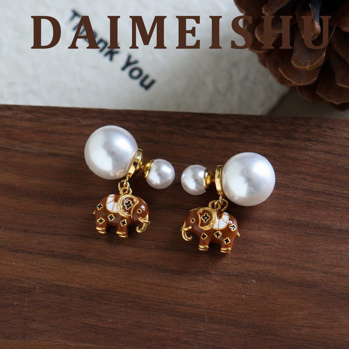 Vintage Enamel Lucky Elephant Double Pearl Earrings in Caramel Brown