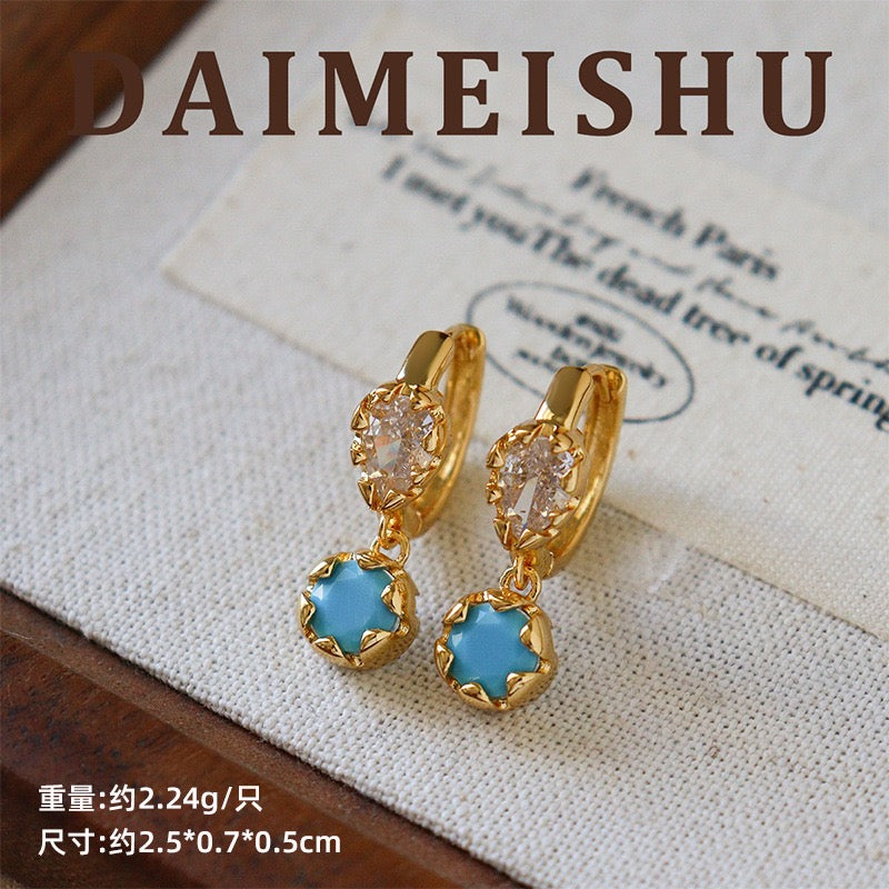 Dainty Huggie Hoops with Star Flower Turquoise Drops