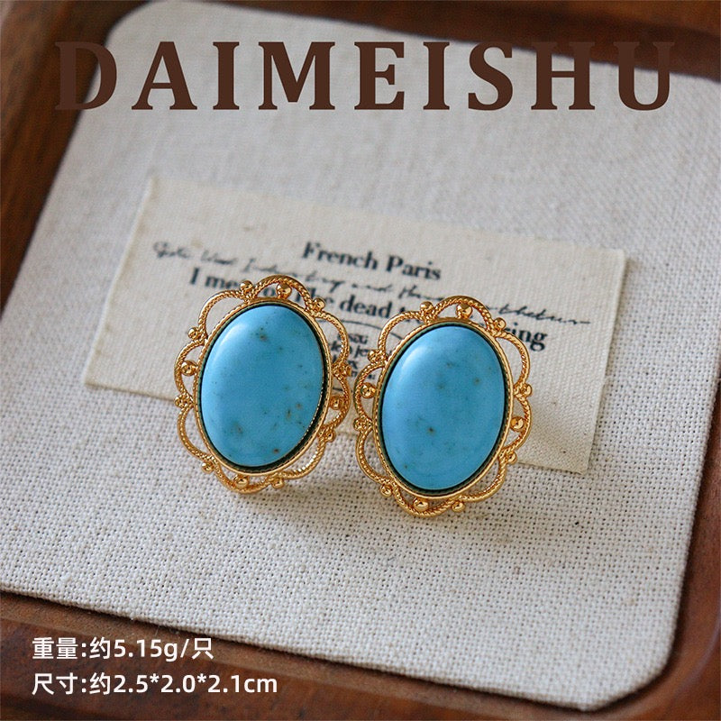 Vintage Filigree Oval Turquoise Stud Earrings S925 Silver Post