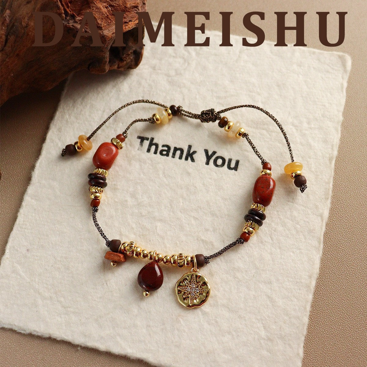 Bohemian Natural Red Agate Cord Bracelet with Starburst Coin