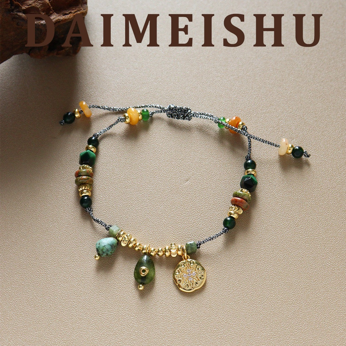 Bohemian Natural Green Jade Cord Bracelet with Starburst Coin