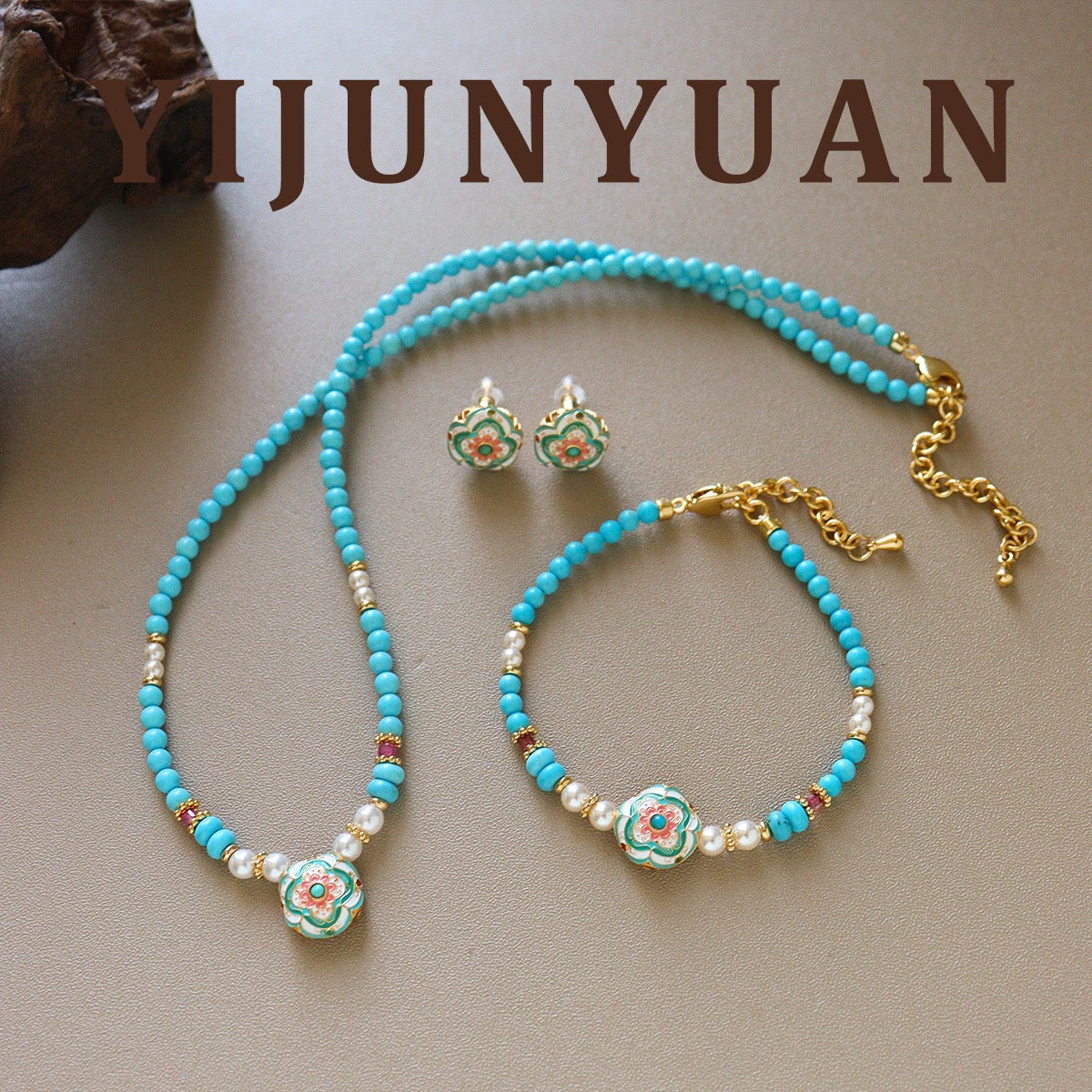 Vintage Cloisonné Floral Turquoise and Swarovski Pearl Jewelry Set Flatlay