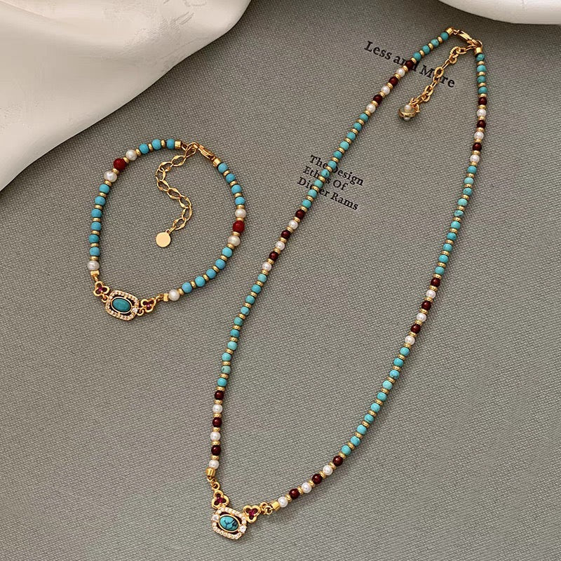 Vintage Halo Turquoise and Swarovski Pearl Jewelry Set with Red Agate