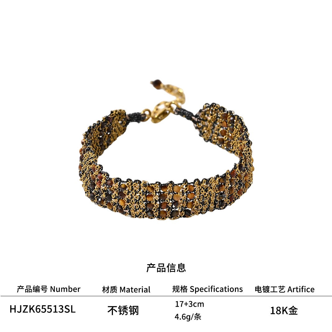 French Riviera Shuttle-Woven Gemstone Beaded Bracelet | 18K Gold Plated Stainless Steel Old Money Cuff
