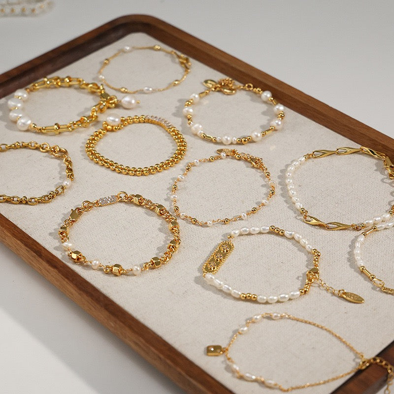 French Vintage 18K Gold Plated Freshwater Pearl Bracelet Collection Tray View 1