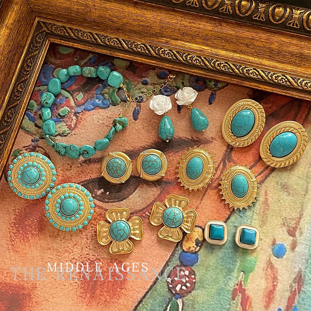Vintage Turquoise & Antique Gold Earring Collection | French Retro Bohemian Niche Studs & Dangles