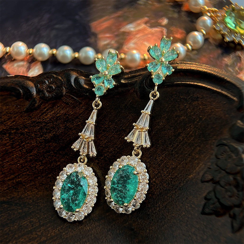 Royal mint green crystal and baguette chandelier drop earrings