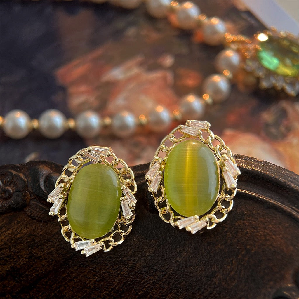 Lime green cat eye gemstone stud earrings with baguette crystal frame