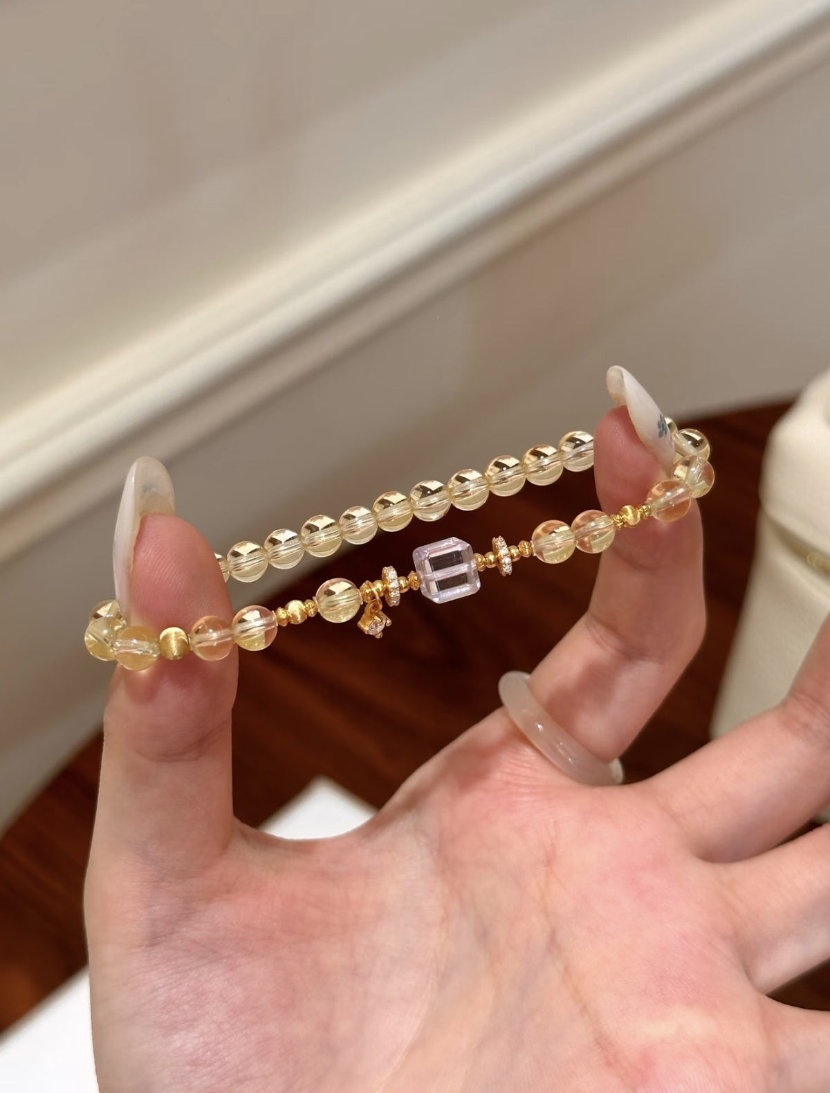 Natural Citrine Round Bead Bracelet with Emerald-Cut Crystal Center | Holiday & New Year Abundance Gift | 14K Gold Plated Zircon Charm