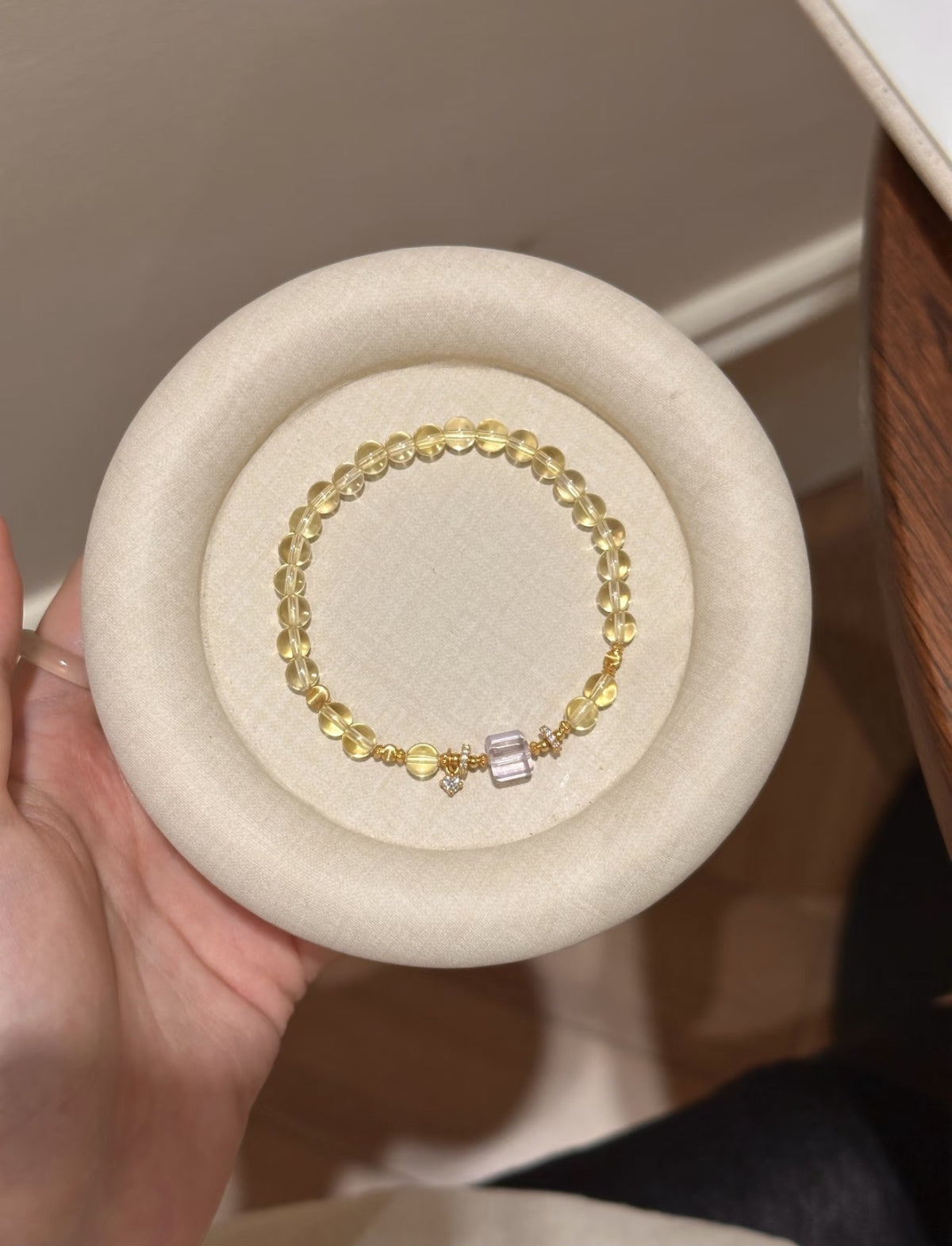 Natural Citrine Round Bead Bracelet with Emerald-Cut Crystal Center | Holiday & New Year Abundance Gift | 14K Gold Plated Zircon Charm