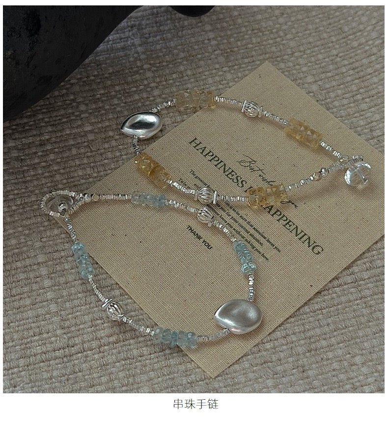 Vintage S925 Sterling Silver Dainty Beaded Bracelet | Natural Aquamarine & Citrine
