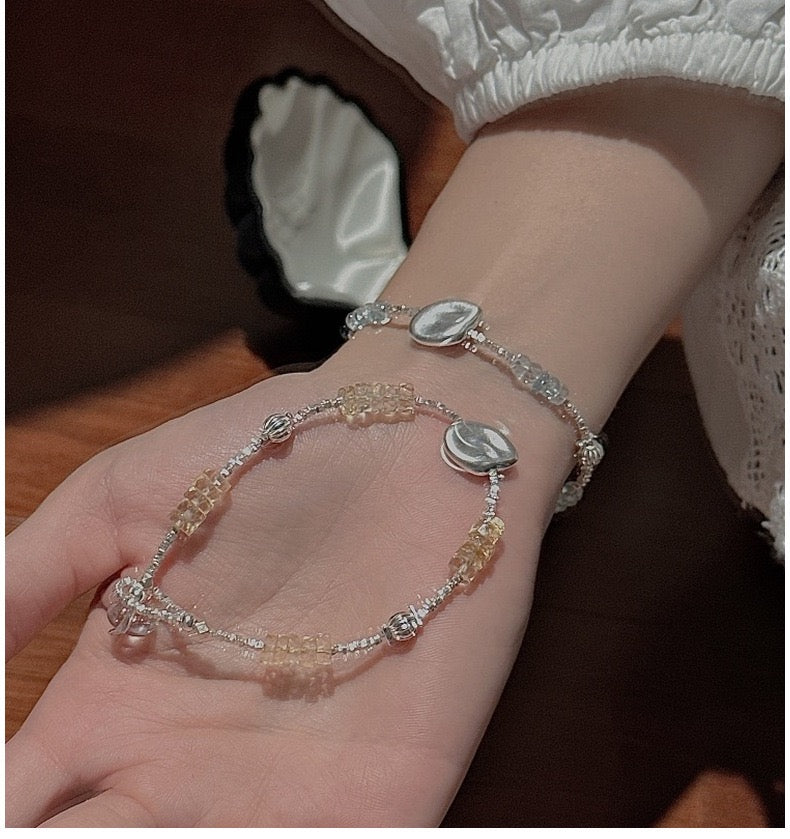 Vintage S925 Sterling Silver Dainty Beaded Bracelet | Natural Aquamarine & Citrine