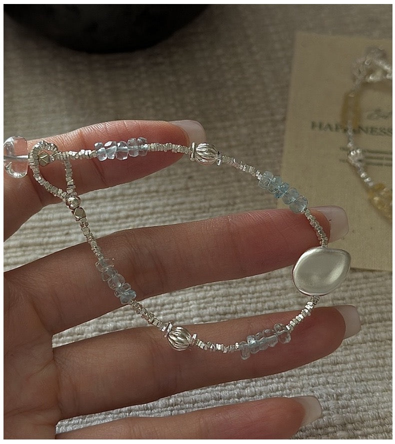 Vintage S925 Sterling Silver Dainty Beaded Bracelet | Natural Aquamarine & Citrine