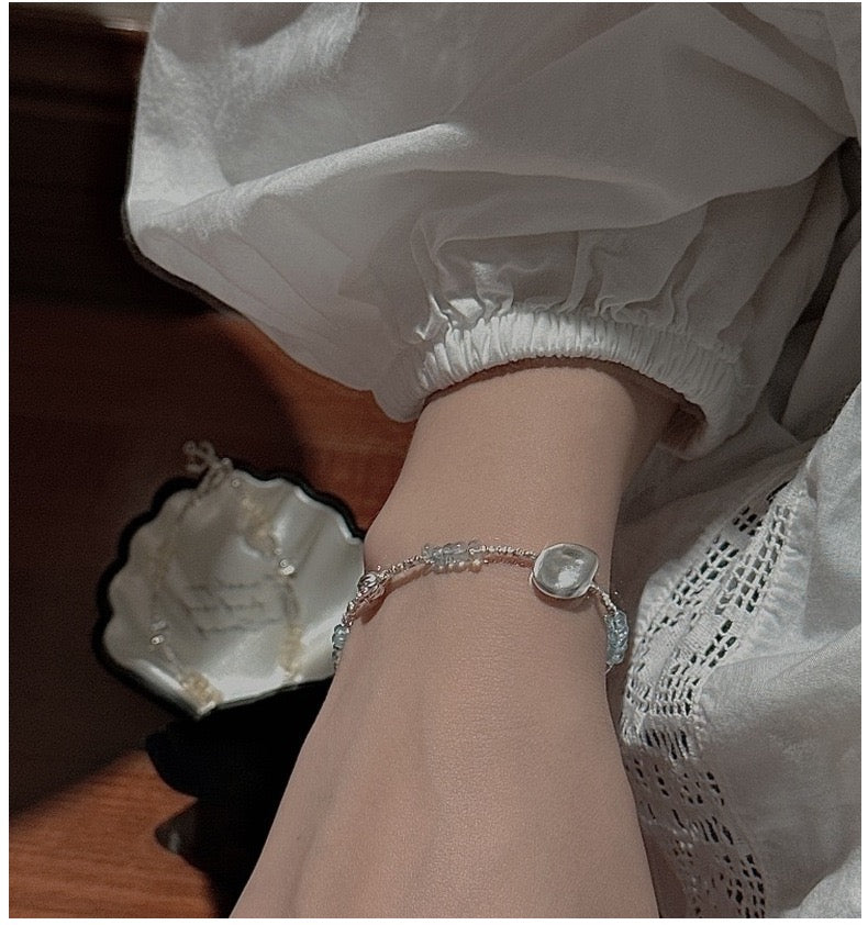 Vintage S925 Sterling Silver Dainty Beaded Bracelet | Natural Aquamarine & Citrine