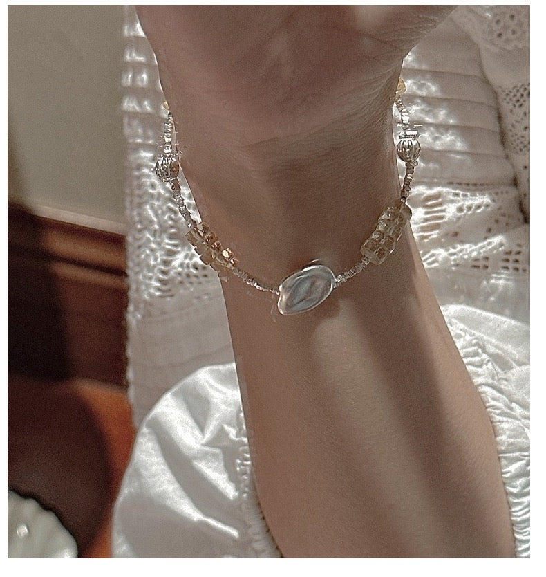 Vintage S925 Sterling Silver Dainty Beaded Bracelet | Natural Aquamarine & Citrine