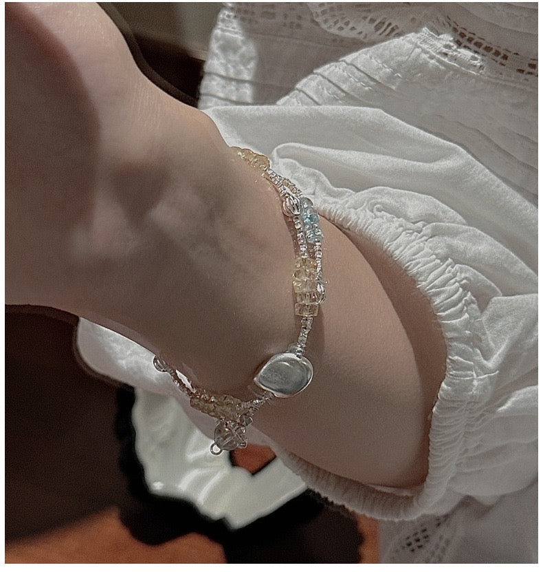 Vintage S925 Sterling Silver Dainty Beaded Bracelet | Natural Aquamarine & Citrine