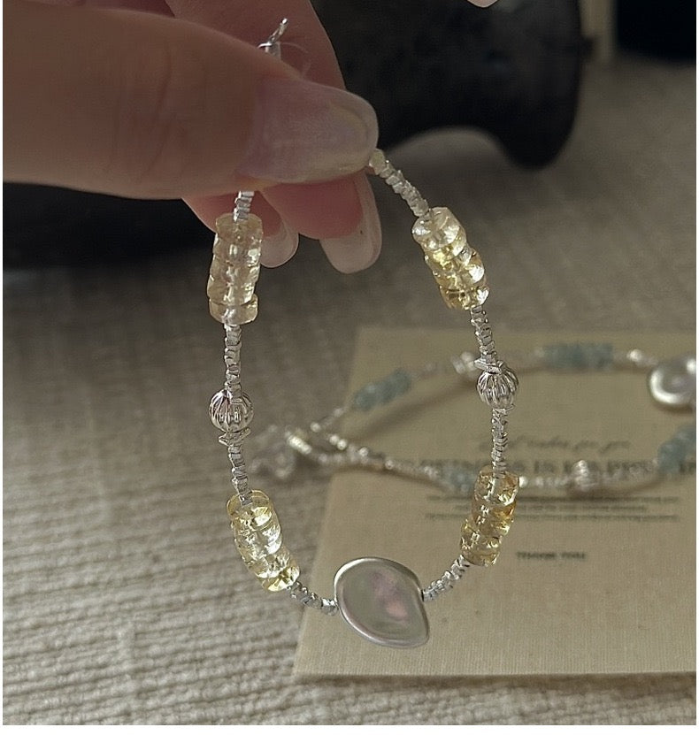 Vintage S925 Sterling Silver Dainty Beaded Bracelet | Natural Aquamarine & Citrine