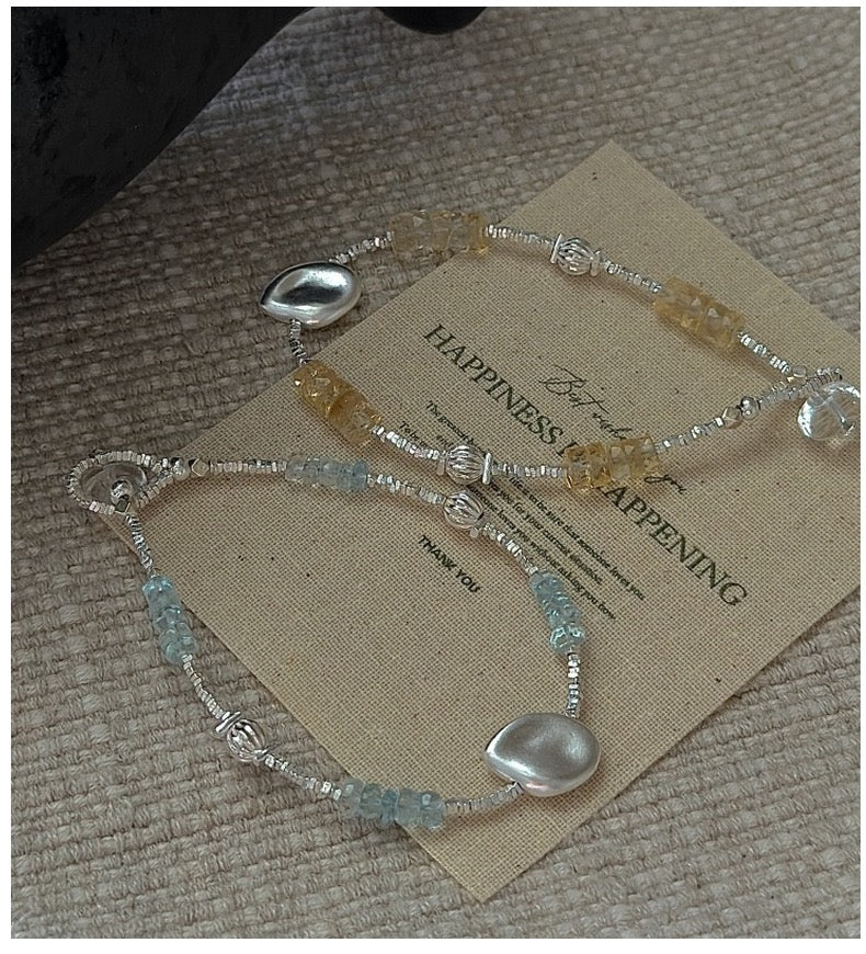 S925 Sterling Silver Beaded Energy Bracelets with Organic Silver Bean and Clear Quartz Charm