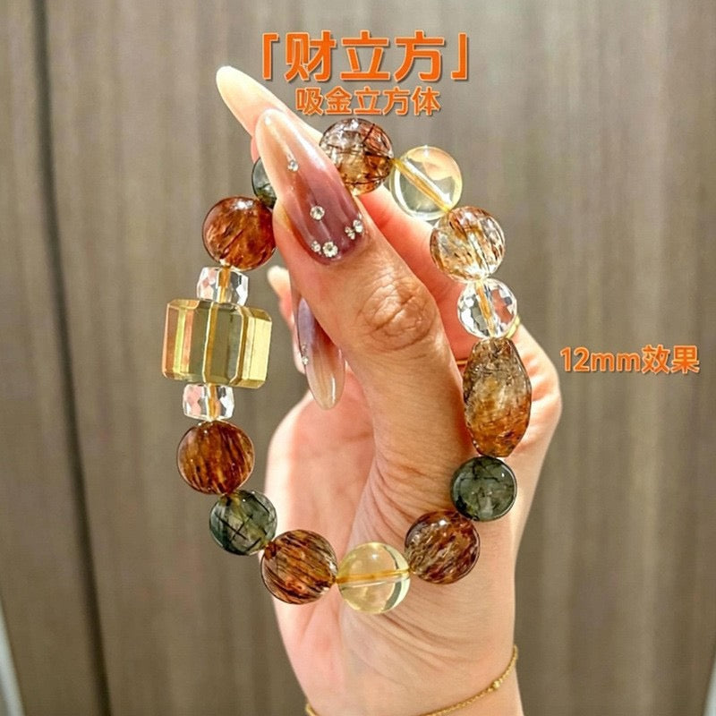 Four-in-One Wealth Crystal Bracelet ๐ฐโจ | Citrine, Gold Rutile & Red Resin Cube