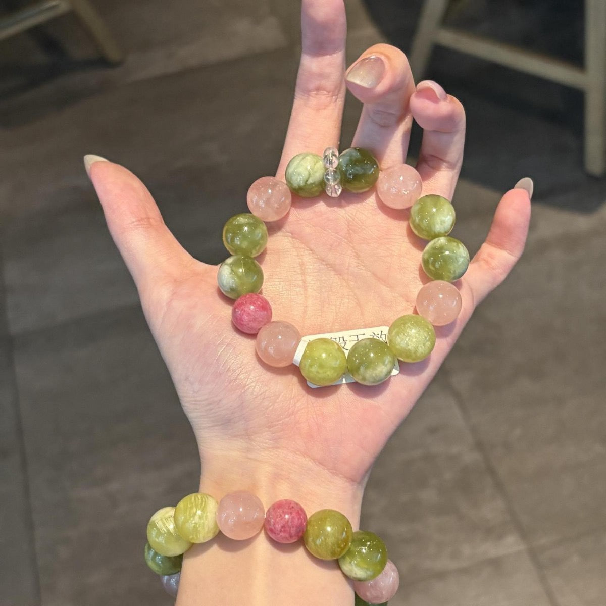🍇✨ Green Grape Milk Cap Serpentine & Rose Quartz Crystal Bracelet | 14mm