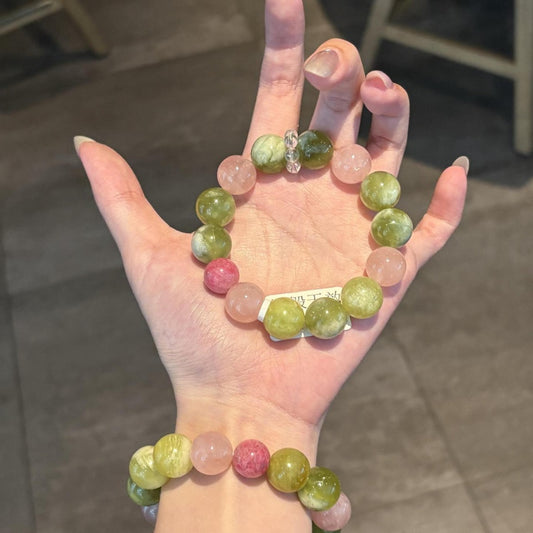 🍇✨ Green Grape Milk Cap Serpentine & Rose Quartz Crystal Bracelet | 14mm