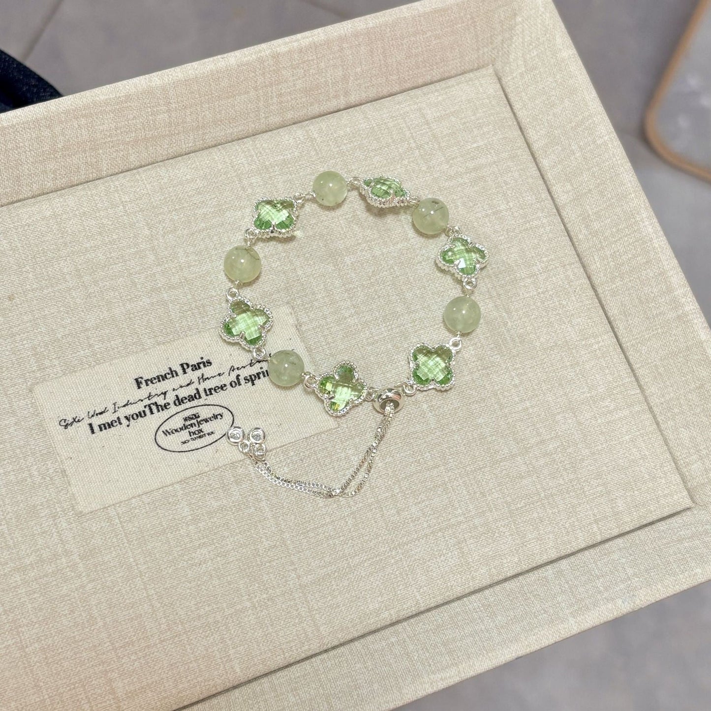🍀 Four-Leaf Clover Crystal Bracelet | 8mm Healing Gemstone | Adjustable