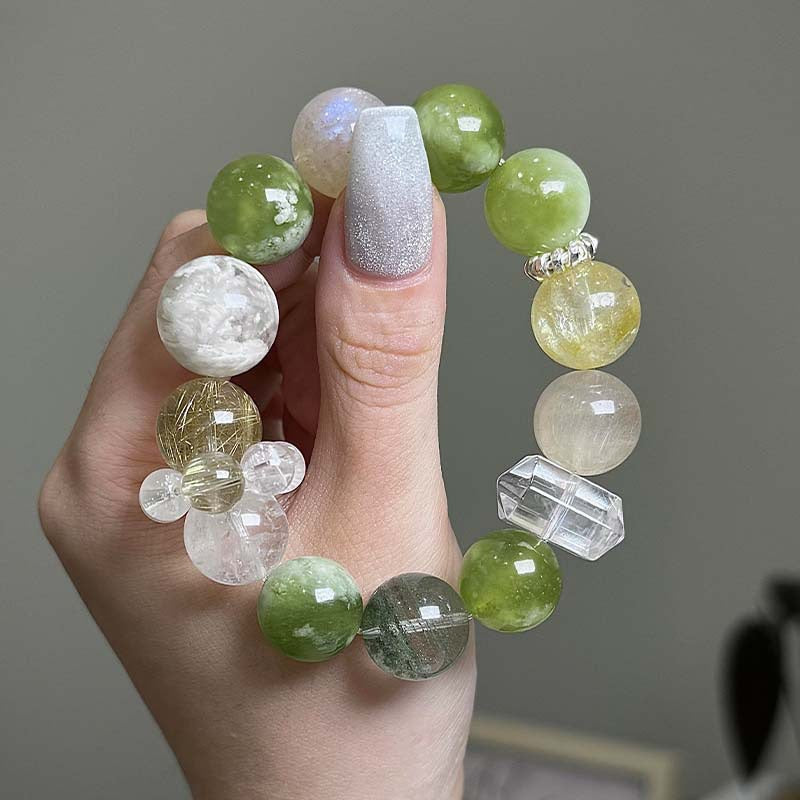 🌿💧 Jade Dew Crystal Bracelet | Serpentine × Green Phantom × Gold Rutile × Snowflake Phantom