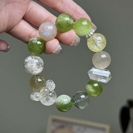 🌿💧 Jade Dew Crystal Bracelet | Serpentine × Green Phantom × Gold Rutile × Snowflake Phantom