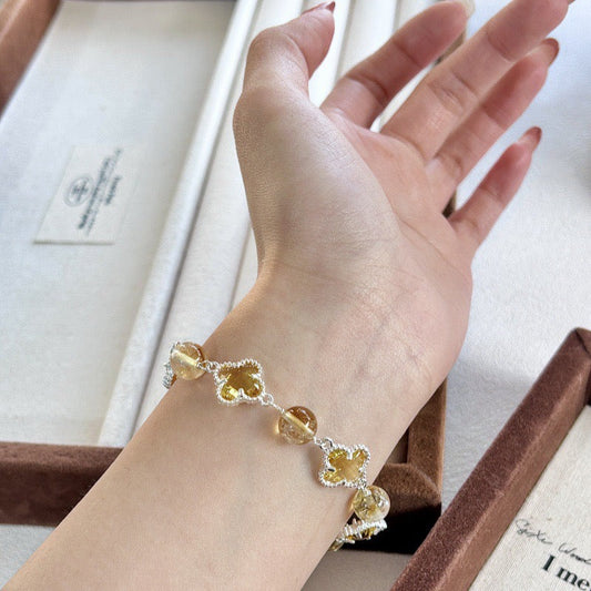 🍀 Four-Leaf Clover Crystal Bracelet | 8mm Healing Gemstone | Adjustable