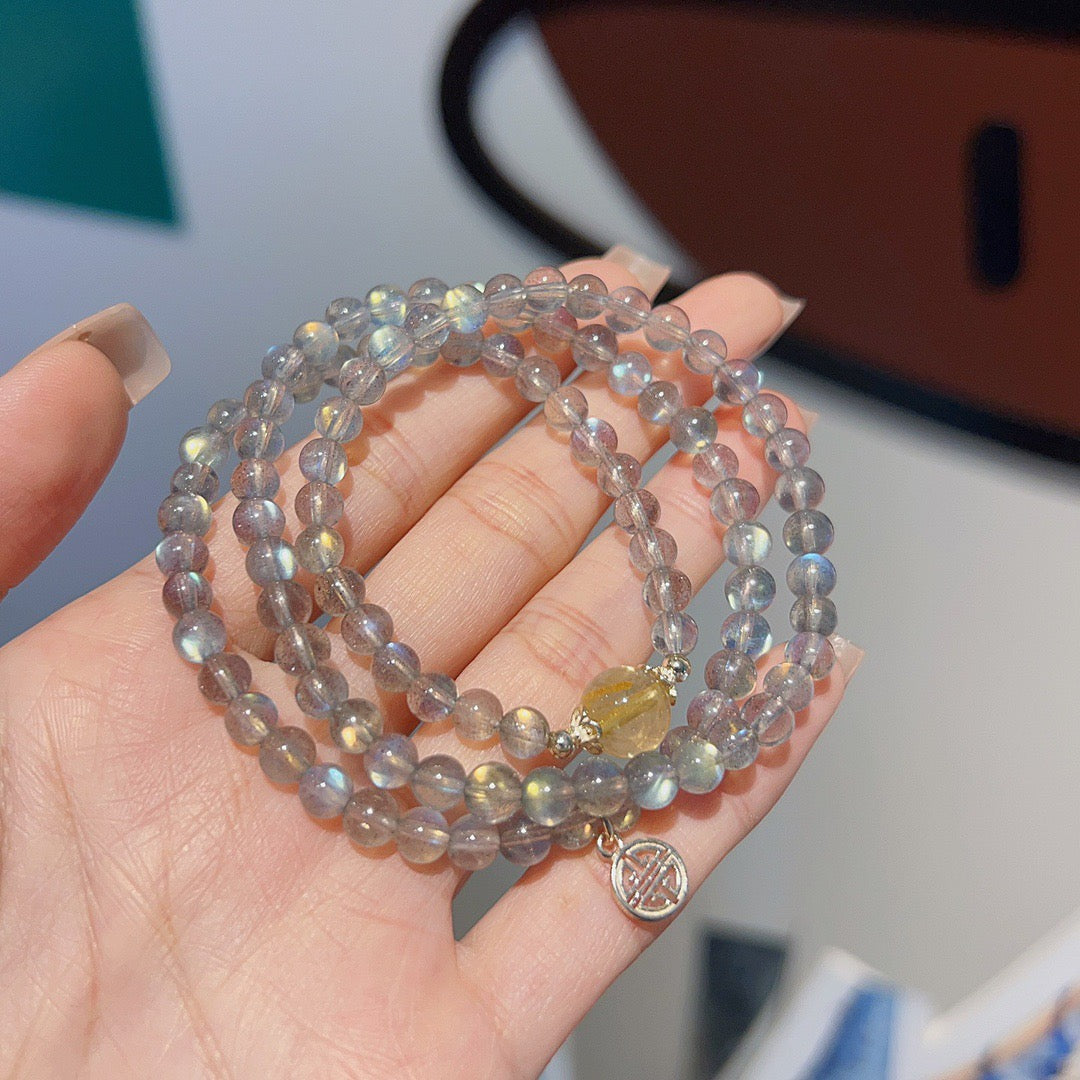🌙✨ Grey Moonstone & Gold Rutilated Quartz Multi-Wrap Bracelet | Wealth & Blessings