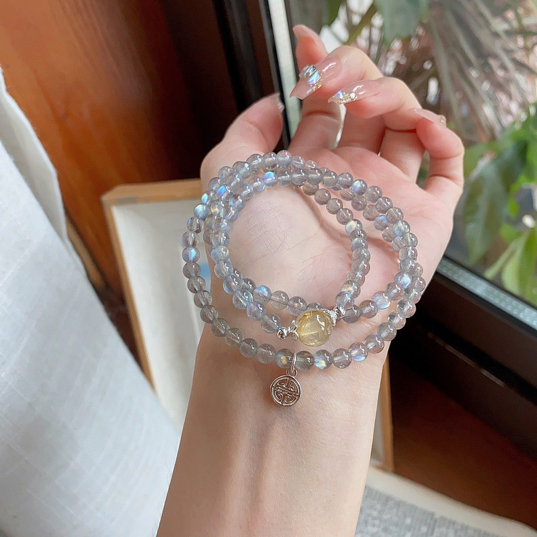 🌙✨ Grey Moonstone & Gold Rutilated Quartz Multi-Wrap Bracelet | Wealth & Blessings