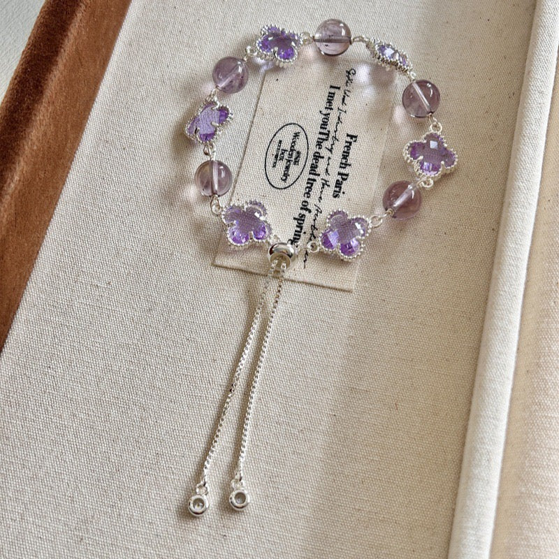 🍀 Four-Leaf Clover Crystal Bracelet | 8mm Healing Gemstone | Adjustable