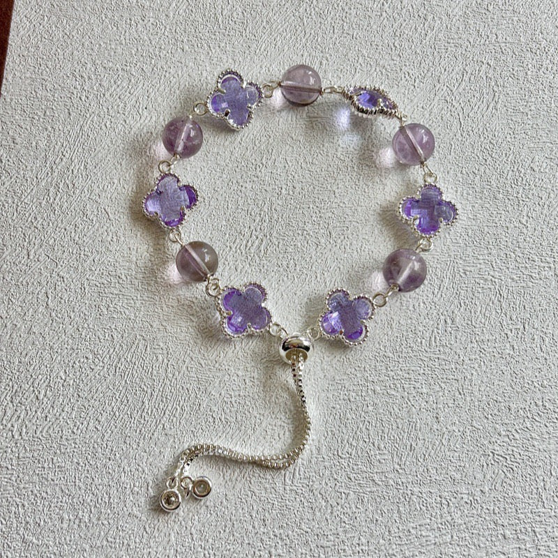 🍀 Four-Leaf Clover Crystal Bracelet | 8mm Healing Gemstone | Adjustable