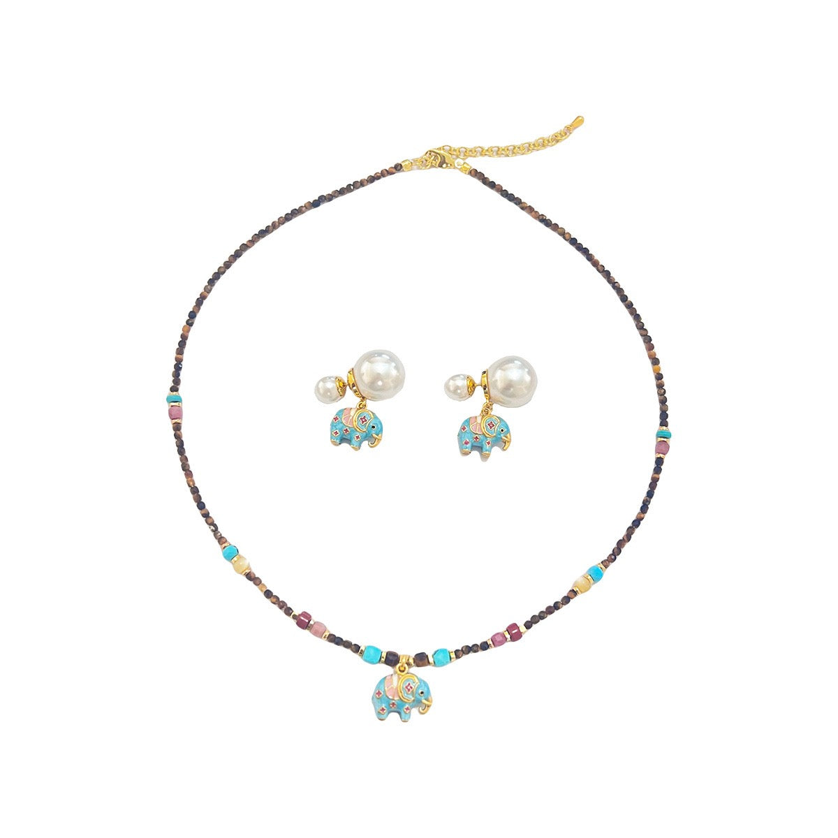 Vintage Enamel Lucky Elephant Gemstone Jewelry | Natural Beaded Necklace, Bracelet & Pearl Earrings