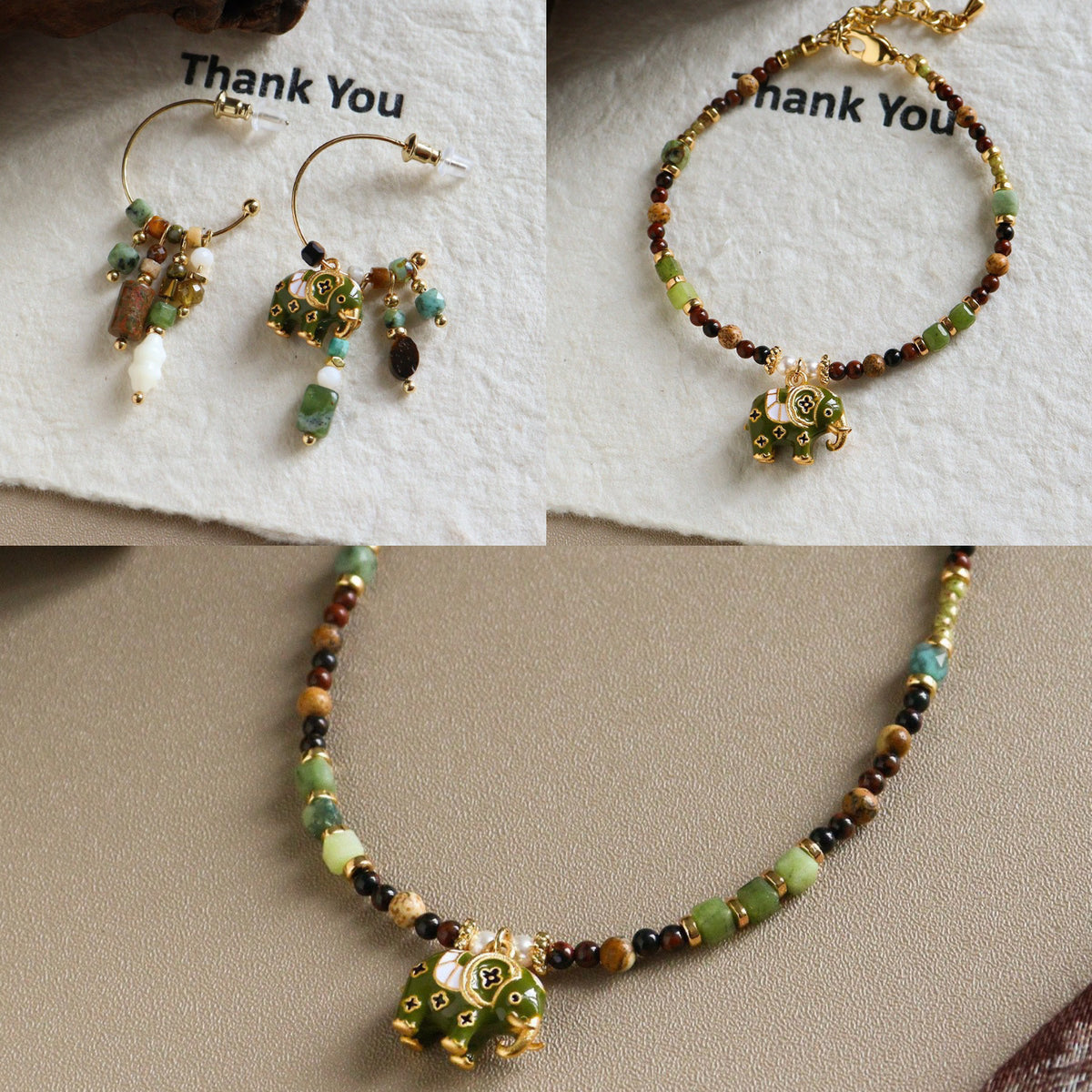 Vintage Enamel Lucky Elephant Gemstone Jewelry | Natural Beaded Necklace, Bracelet & Pearl Earrings