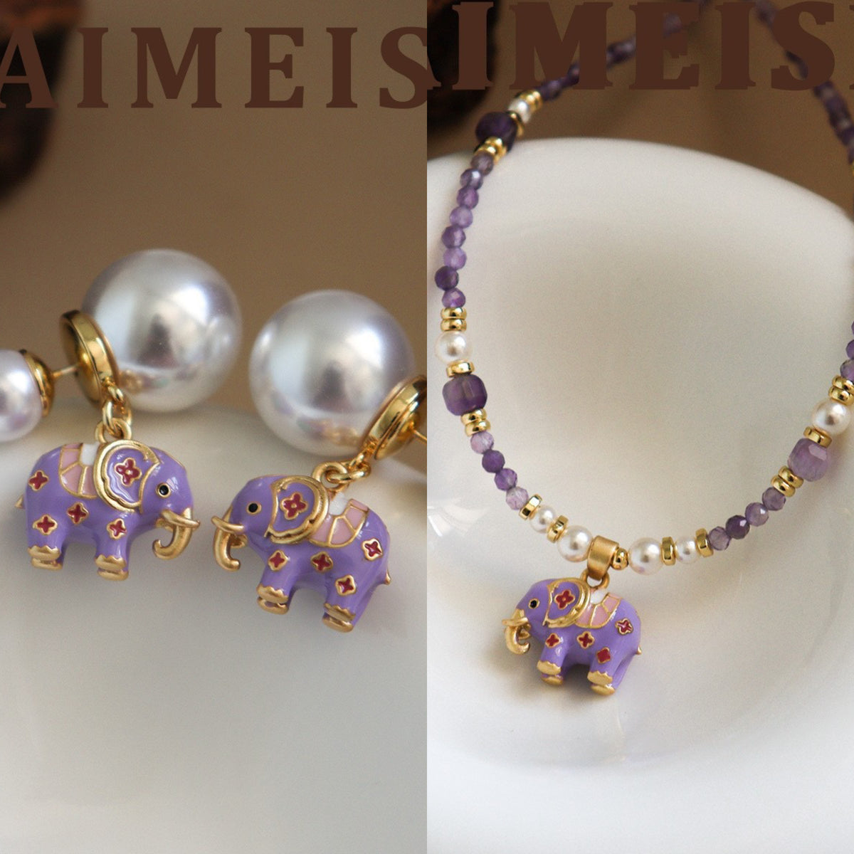 Vintage Enamel Lucky Elephant Gemstone Jewelry | Natural Beaded Necklace, Bracelet & Pearl Earrings