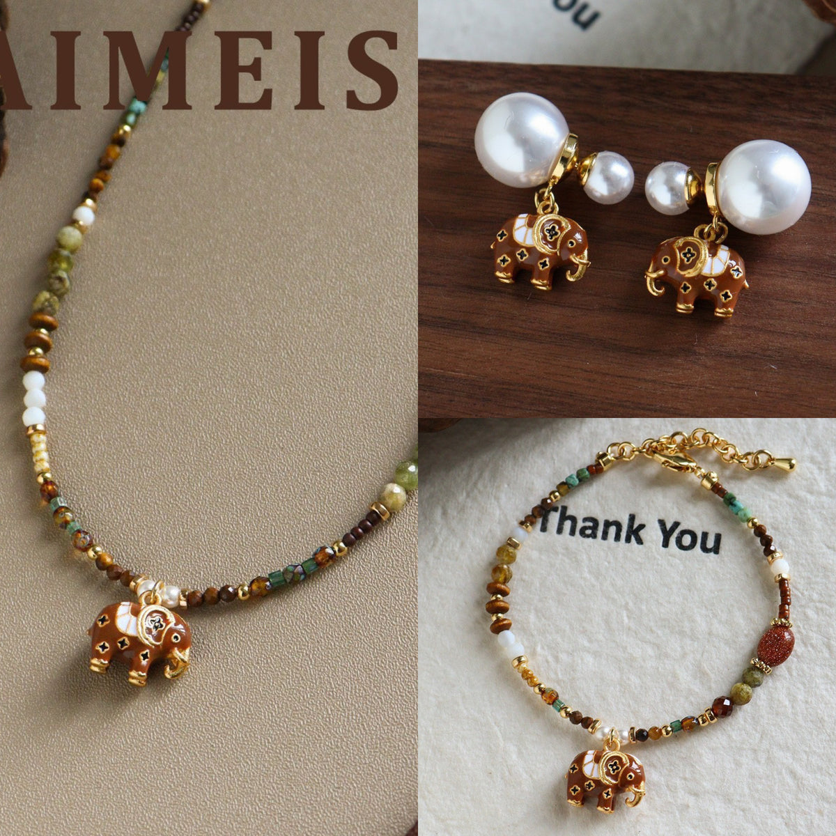Vintage Enamel Lucky Elephant Gemstone Jewelry | Natural Beaded Necklace, Bracelet & Pearl Earrings
