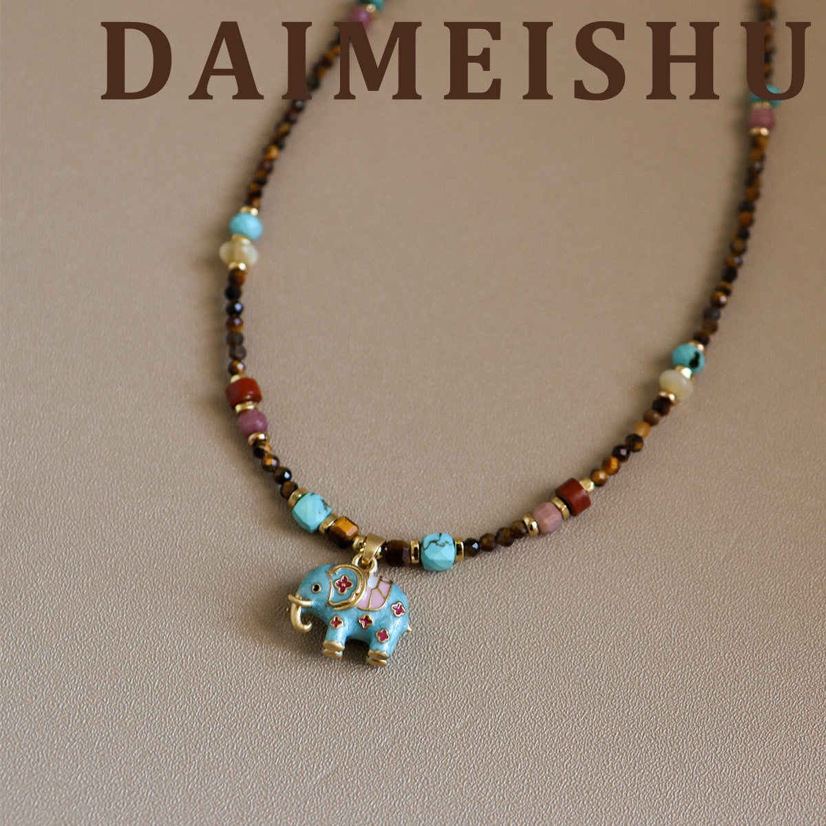 Vintage Enamel Lucky Elephant Beaded Necklace in Sky Blue