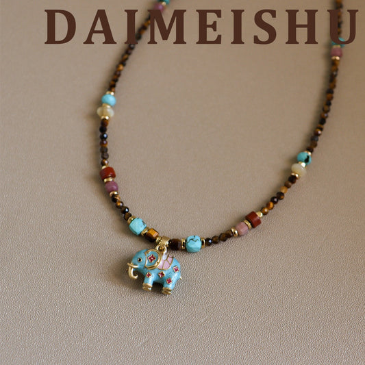 Vintage Enamel Lucky Elephant Beaded Necklace in Sky Blue