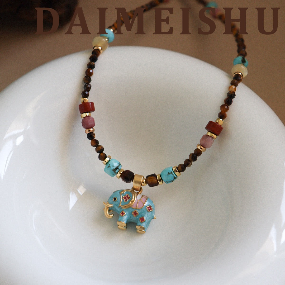 Vintage Enamel Lucky Elephant Beaded Necklace Detail