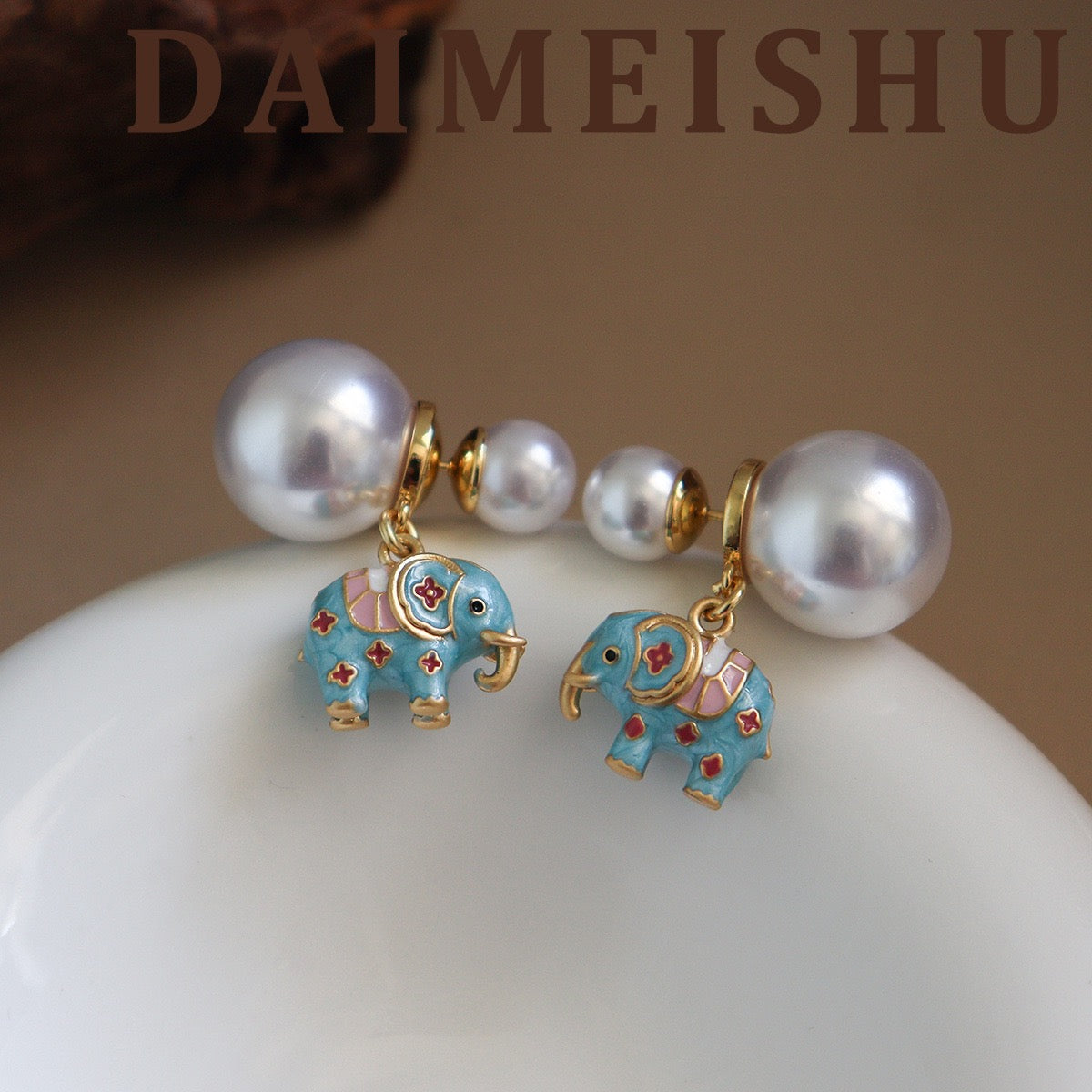 Vintage Enamel Lucky Elephant Double Pearl Earrings in Sky Blue