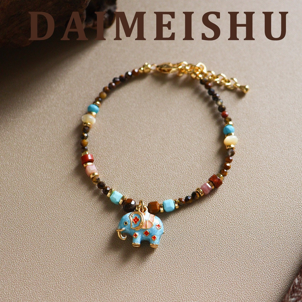 Vintage Enamel Lucky Elephant Beaded Bracelet in Sky Blue