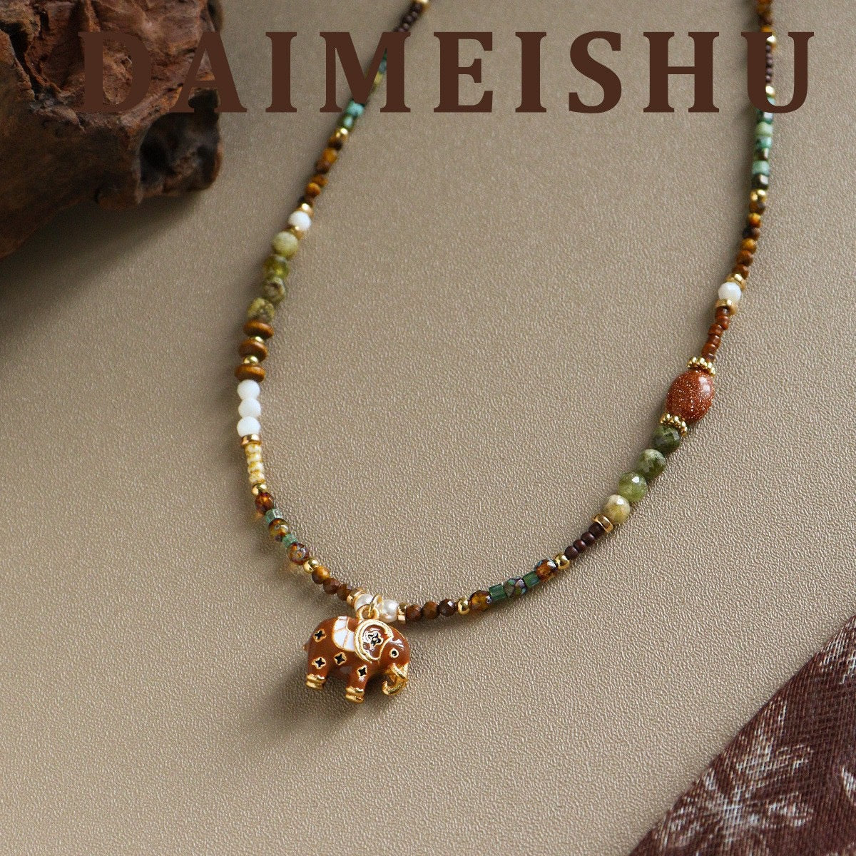 Vintage Enamel Lucky Elephant Beaded Necklace in Caramel Brown